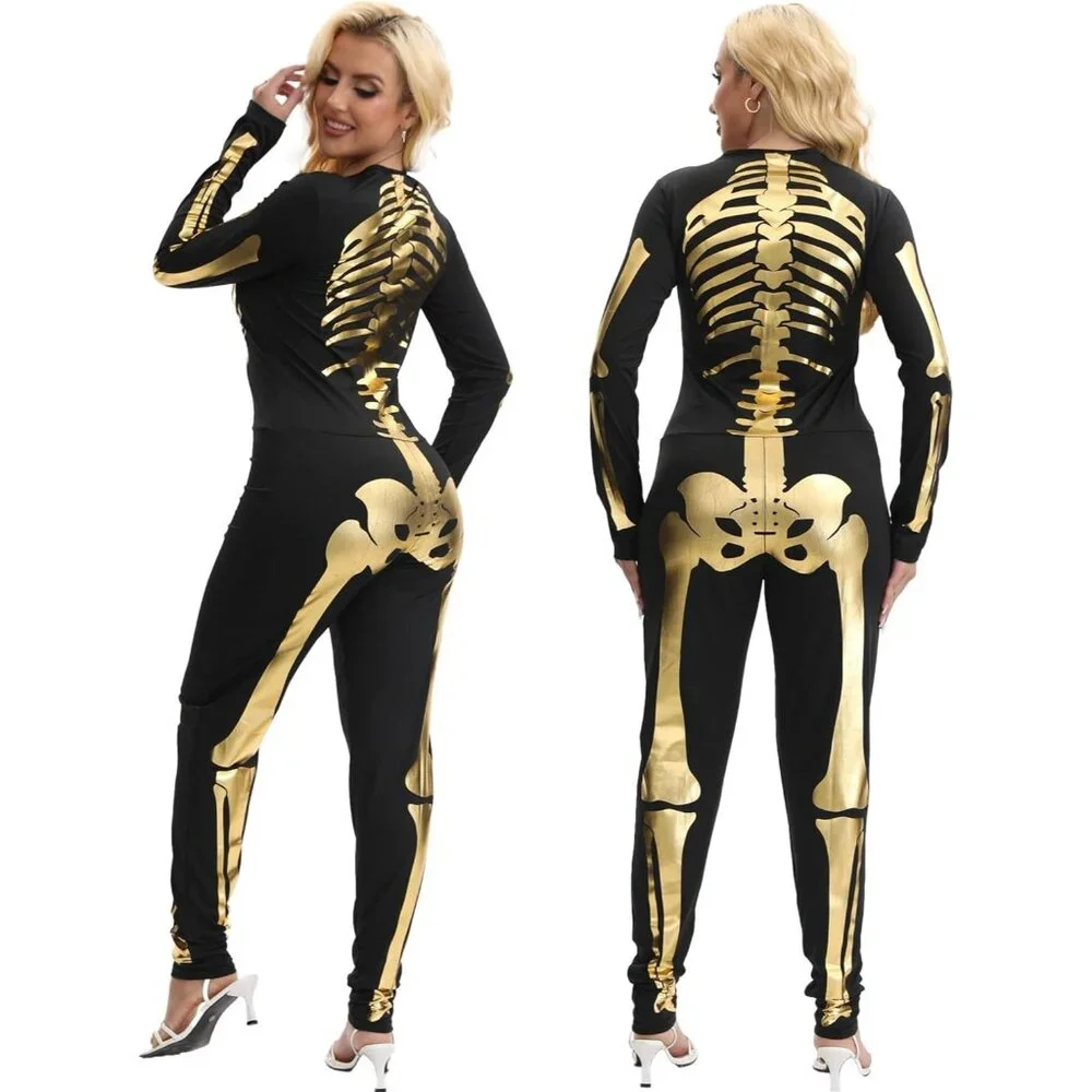 Women's Gold Skeleton Form Fitting Flattering Double Sided Skeleton Costume - Picture 4 of 9